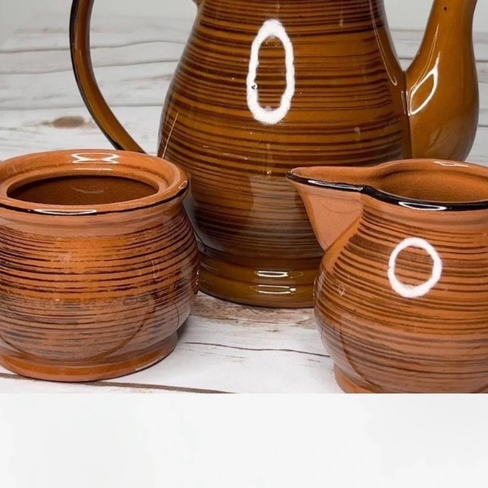 Vintage Japan Ceramic Tea Coffee Set‎ Brown Striped Teapot Creamer Sugar 3pc OS